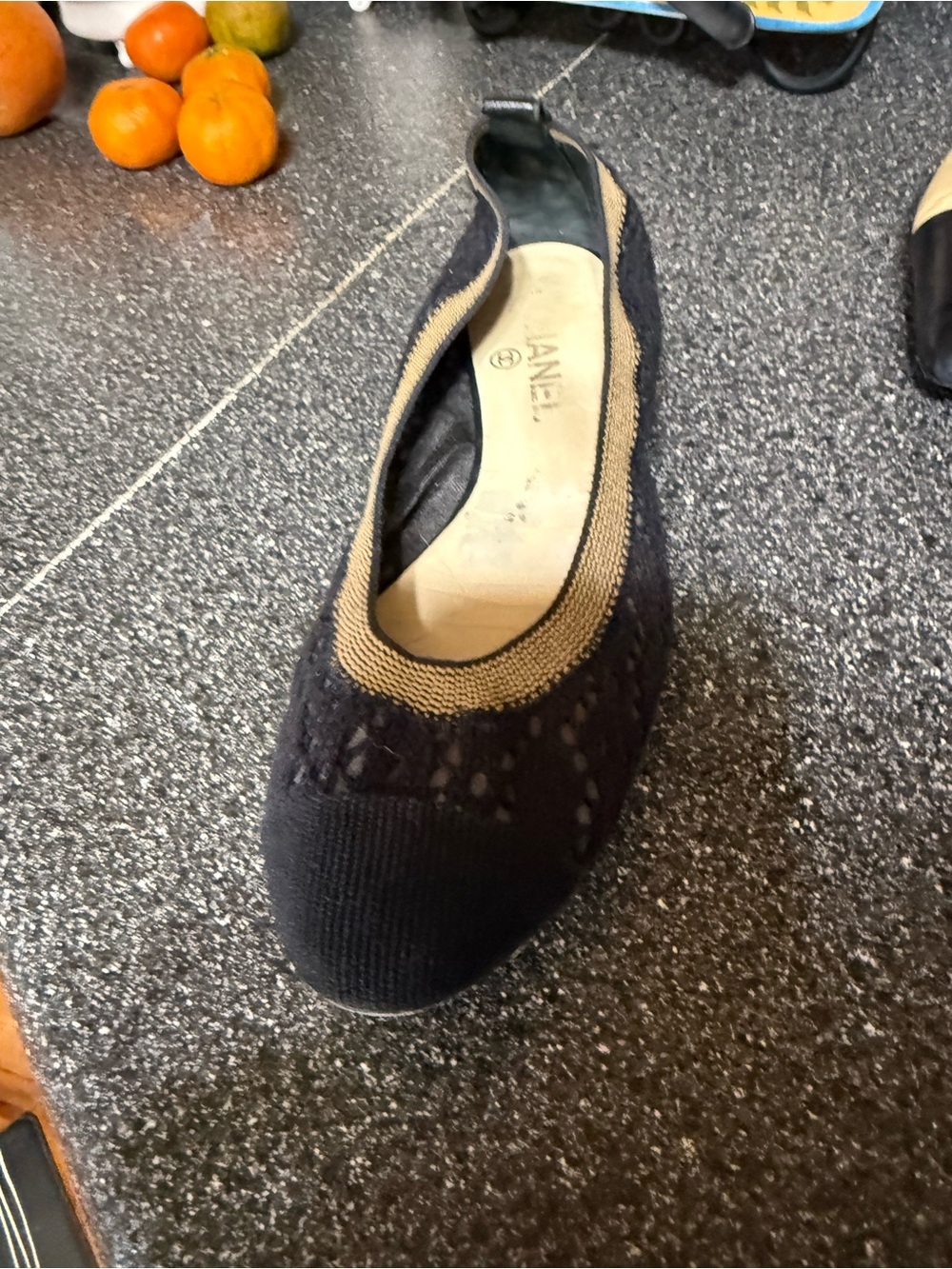 CHANEL Black Knit Ballet Flat with Beige Trim